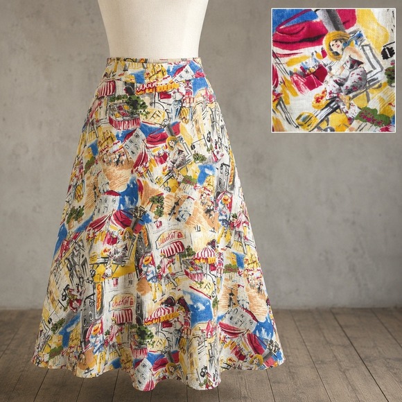Liz Claiborne Dresses & Skirts - Vintage 100% Linen Midi Skirt 12 Multi Novelty European Print Eclectic Whimsy